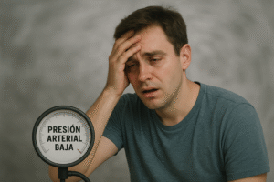 Ilustración de una persona con síntomas de presión arterial baja como mareo y debilidad, explicando causas comunes de hipotensión