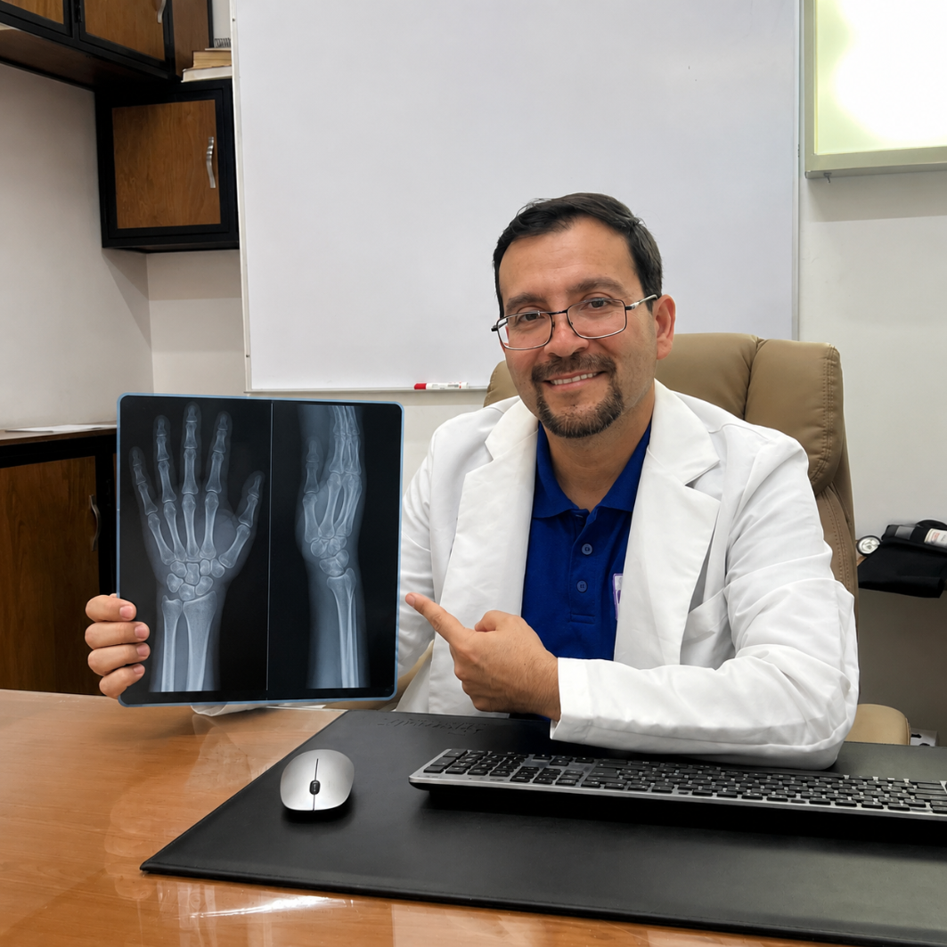 El Dr. Jaime Omar Ávila Lozano señalando detalles específicos en una radiografía médica para un diagnóstico.
